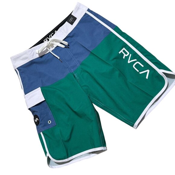 RVCA Mens Size 29 Eastern Green Blue Colorblock Stretch Swim Boardshorts NWT - Picture 2 of 7